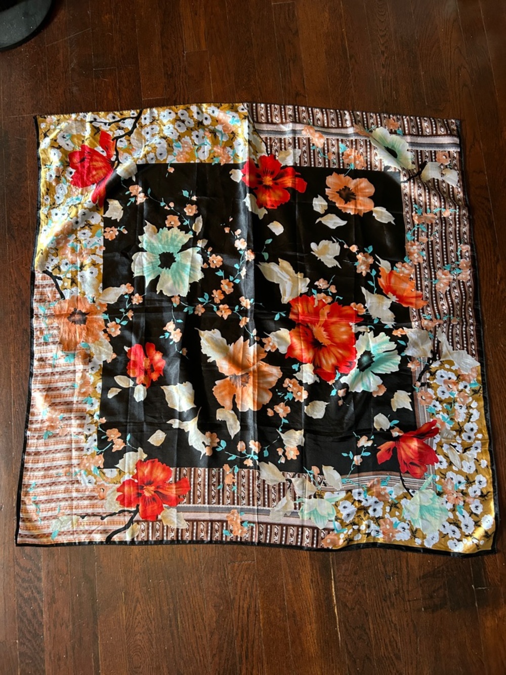 Floral Satin Square Scarf in Black with Orange & Mint Flowers